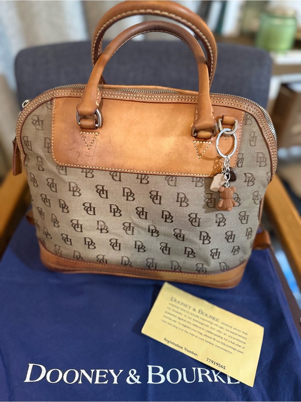 Dooney & Bourke Brown Signature Canvas Satchel with Tan Leather Trim